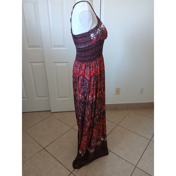 Takara Womens Maxi Dress Brown Red Paisley Print Sleeveless Ruched Medium Boho - Picture 8 of 12